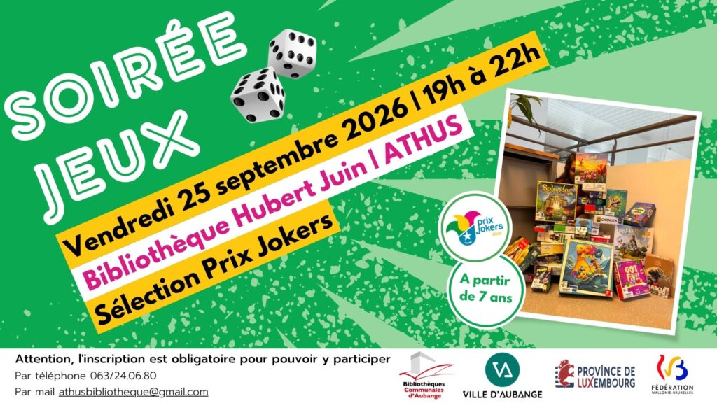 Soirée jeux “Sélection Prix Jokers 2026” de septembre à la bibliothèque d’Athus